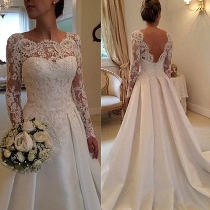 Long A-line Full Length Round Neck Long Sleeve Lace Top Satin Wedding Party Dresses, WD0043