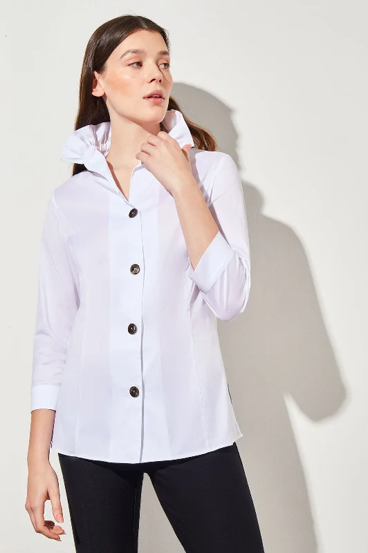 Ruffle Neck Button-Front Stretch Cotton Blouse